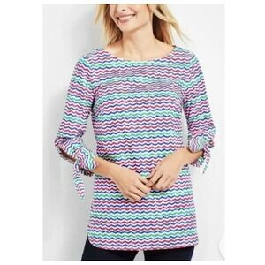 Talbots Tunic Top Womens Sz 3X Multicolor Wavy Print 3/4 Sleeve Cuff Tie